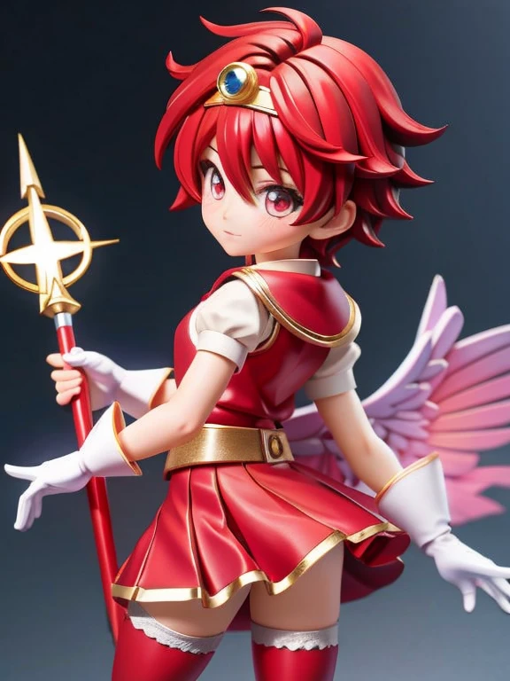 Magical giel、、Young girl、、height: 130cm、Short Hair、Shortcuts、boyish、Circlet、Character portrait、spats、ホットpants、pants、Magical Girl Costume、Red clothes、Red Hair、Red eyes、Magic wand、Fighting gloves on hands
