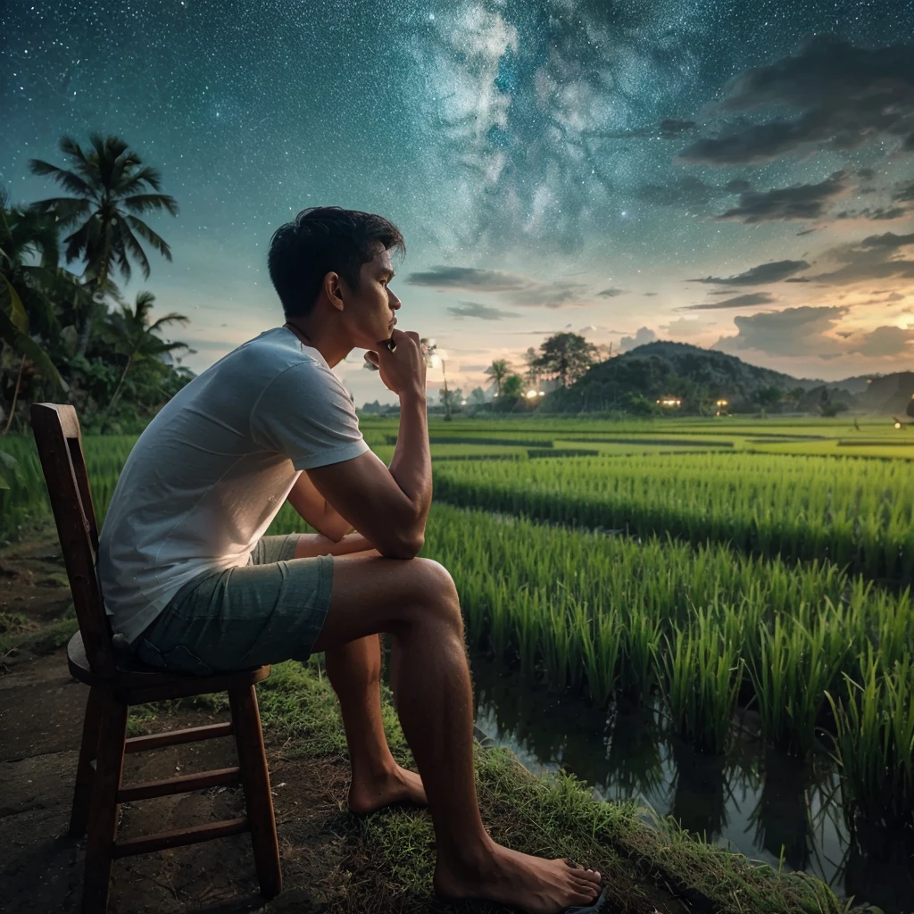 Indonesian man ,full body, wearing a white t-shirt , Shorts, sitting on a chair contemplating , home page, facing the rice fields , green rice field background , starry night, 4k, UHD, Very detailed, Sharp focus