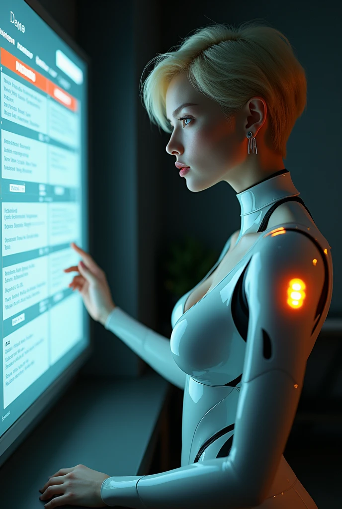 Young woman android sex worker, blonde pixie cut hair, 36D breasts, cleavage, leaning forward, looking into a mirror that displays her daily calendar, amber LED power button embedded in her shoulder