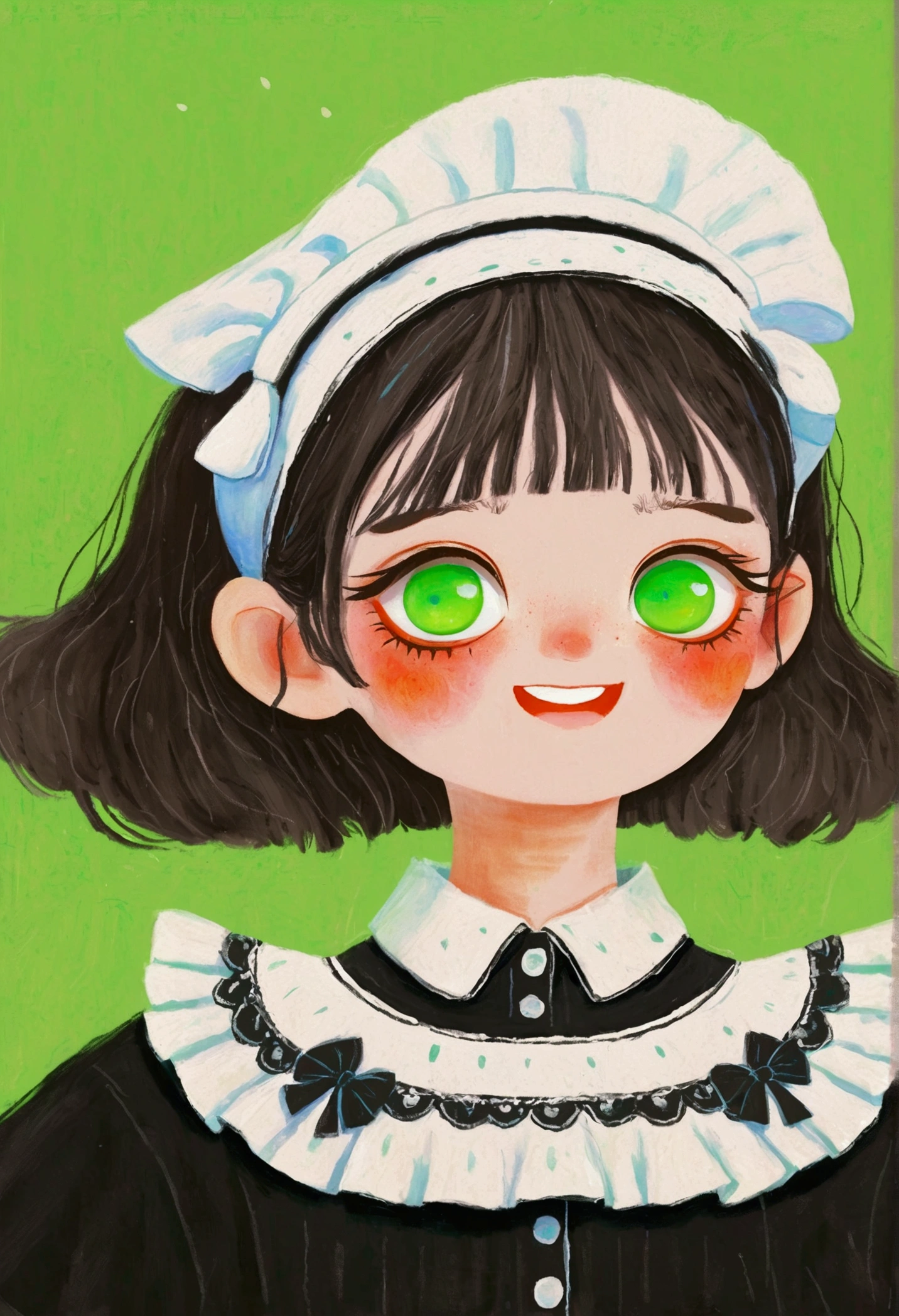 A painting，Pastel Art：Little girl in black and white maid costume。Big green eyes，short hair，laughing out loud，teeth。cute的数字, cute。Portrait, Kasuga, cute的角色, cute 多彩 cute
绿色背景