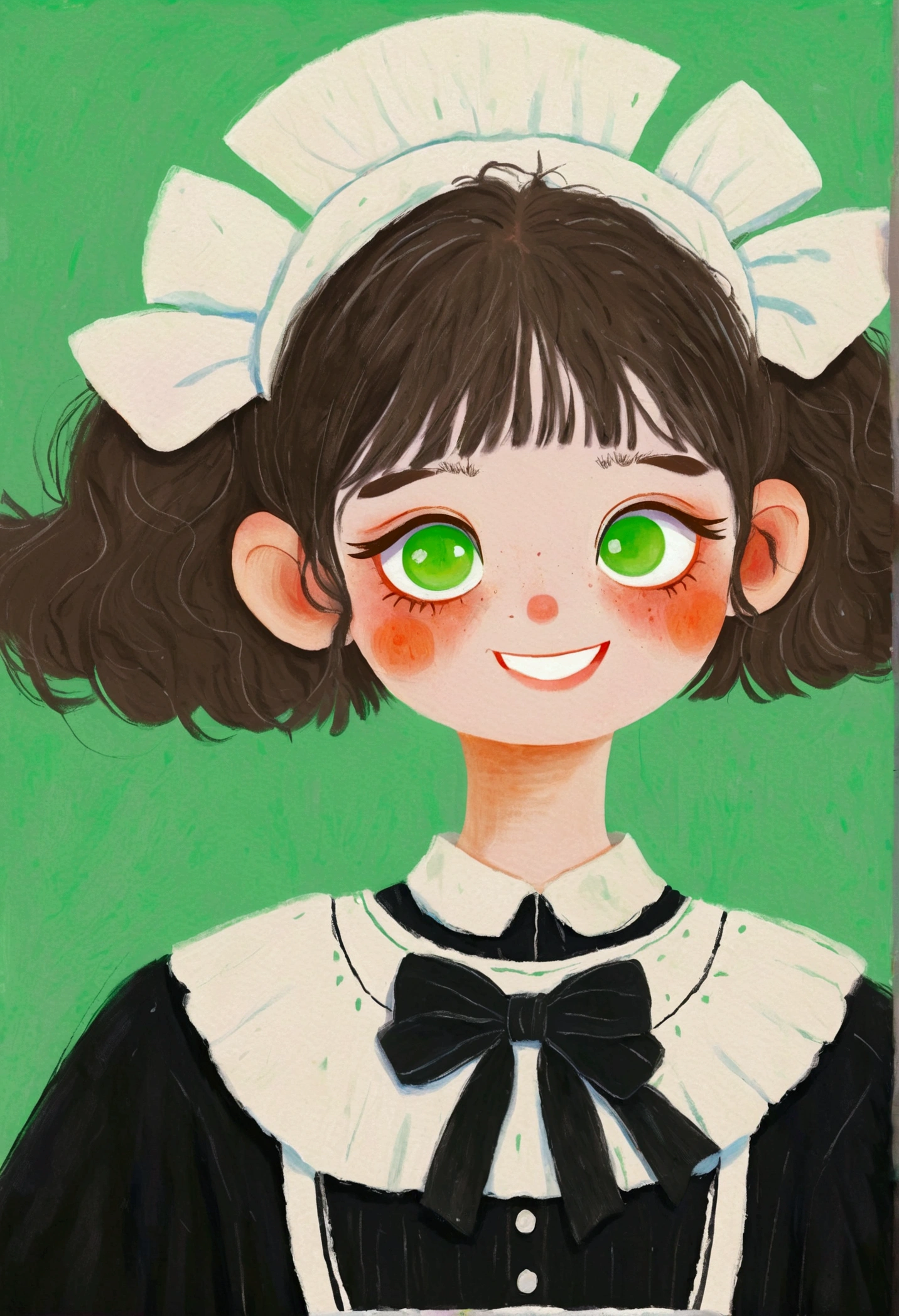 A painting，Pastel Art：Little girl in black and white maid costume。Big green eyes，short hair，laughing out loud，teeth。cute的数字, cute。Portrait, Kasuga, cute的角色, cute 多彩 cute
绿色背景
