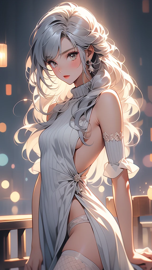 Girl, Slim figure, skinny body, flat chest
Dark_skin, long silver_hair, blunt bangs, blue-yellow unique eyes,
Side boob
Turtleneck backless_sweater
Backless_sweater
Sweater_dress
Backless_dress
Sleeveless
Thighhighs
virgin destroyer sweater
ribbed thighhighs
ribbed panties
ribbed sleeves
aran legwear
ribbed legwear
cable knit
side-tie panties
garter straps
white panties
detached sleeves
