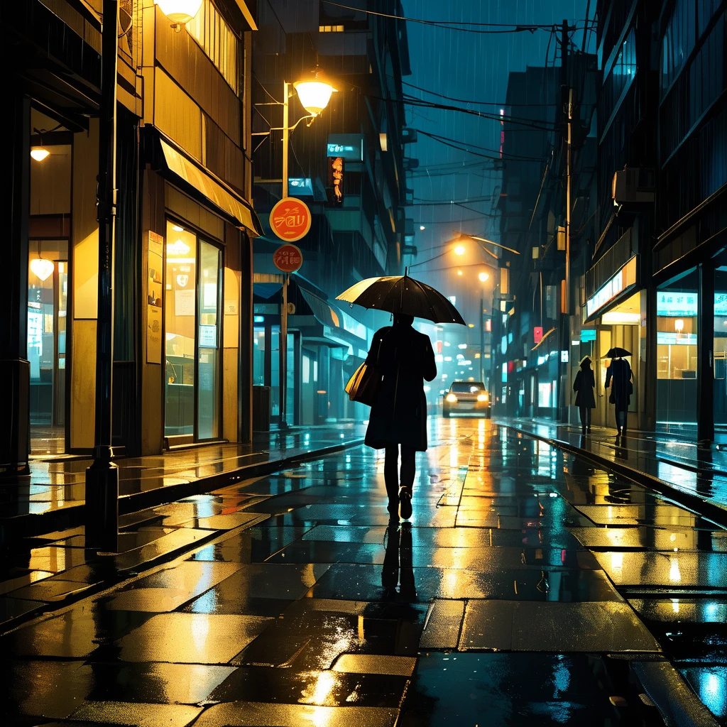 A serene and emotional scene depicting a late-night cityscape with cold streets and dark skies filled with rain. In the foreground, a warm light symbolizing comfort and guidance shines, illuminating the path. The imagery captures the feeling of overcoming challenges with love and support, showing a figure walking confidently, holding an umbrella under the rain. The atmosphere is reflective and hopeful, emphasizing themes of resilience, love, and clarity.