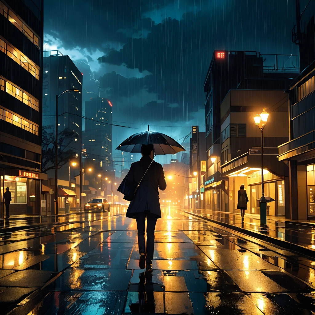 A serene and emotional scene depicting a late-night cityscape with cold streets and dark skies filled with rain. In the foreground, a warm light symbolizing comfort and guidance shines, illuminating the path. The imagery captures the feeling of overcoming challenges with love and support, showing a figure walking confidently, holding an umbrella under the rain. The atmosphere is reflective and hopeful, emphasizing themes of resilience, love, and clarity.