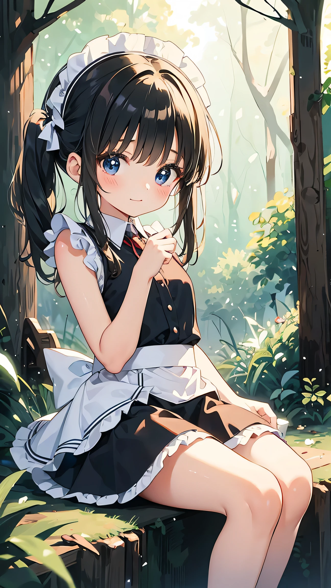 Maid Group, (in forest), various hairstyles, harem, wearing a maid uniform, night, details face, , short skirt, tempting, sleeveless , night, starry night