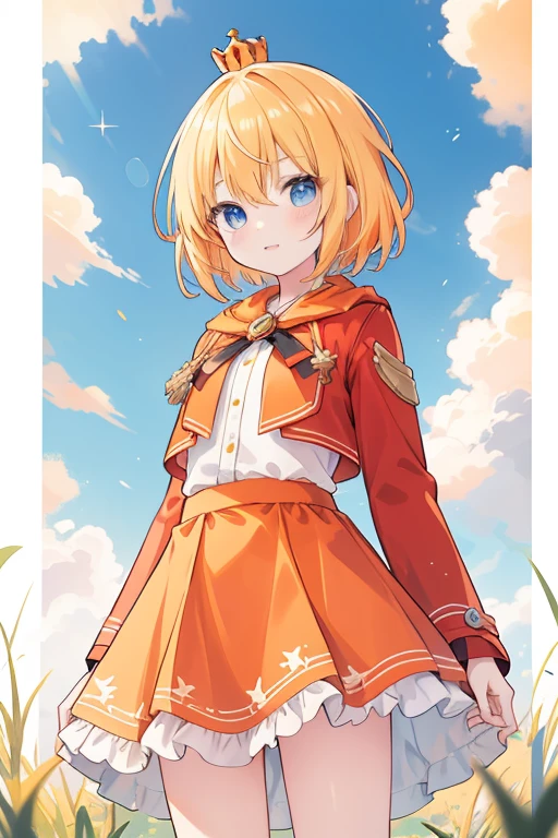 Girl1,Little Princess,guardian tales game,golden hair,blue eyes,cowboy shoot,short hair,hair between the eyes,short coat,red coat,Top with 2-layer skirt,Orange Shirt,Orange top skirt,White crown skirt,Background Tree Sky Grass,