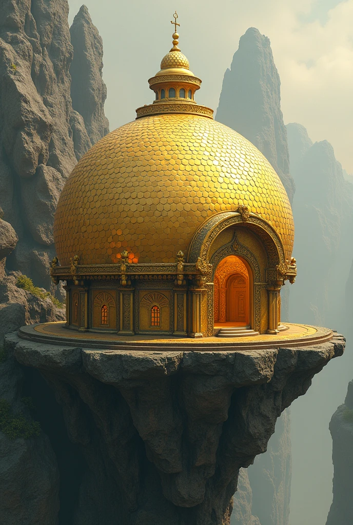 A large golden dome-shaped building with a hexagonal pattern on the exterior they were in floating rock