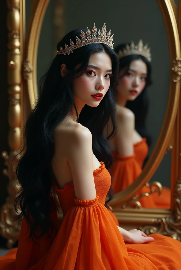 A princess with long black hair, sharp eyes, and red lips. Wearing a tiara and an orange dress. Sitting staring at the mirror.