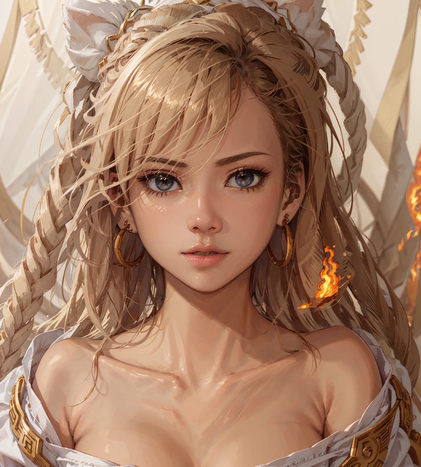 Best quality,masterpiece,ultra high res,(photorealistic:1.4)1girl,beautiful_face,detailed skin,full body,yuhuoshu,jewelry,solo,earrings,(fire:1.3),blurry,realistic,lips,