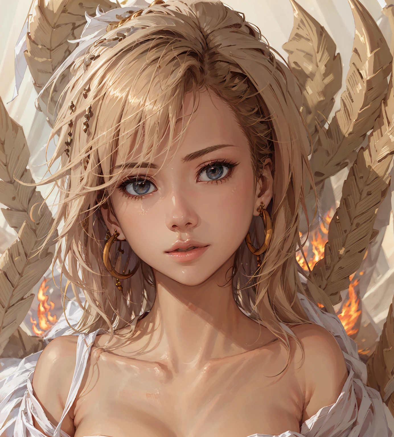 Best quality,masterpiece,ultra high res,(photorealistic:1.4)1girl,beautiful_face,detailed skin,full body,yuhuoshu,jewelry,solo,earrings,(fire:1.3),blurry,realistic,lips,
