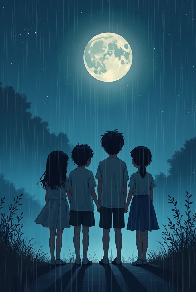 2 boy with 2 girl night standing  and moonlight with slow rain  fraind forever 