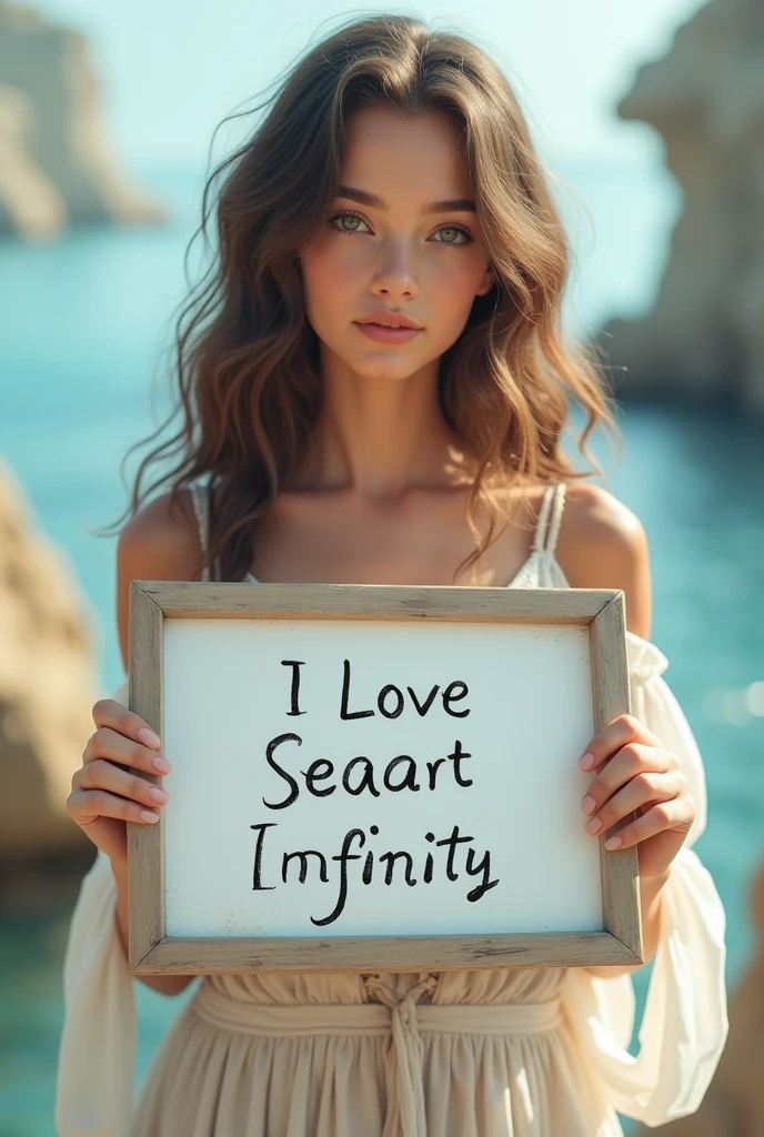 Beautiful girl with wavy long hair, bohemian dress, holding a white board with text "I Love Seaart Infinity" and showing it to the viewer