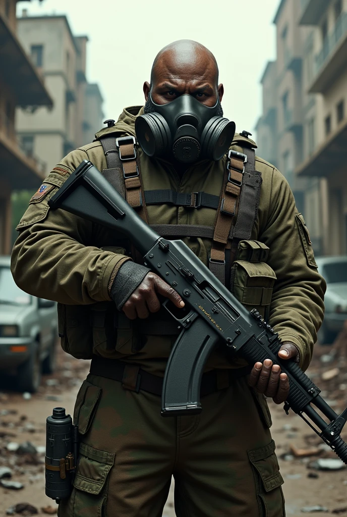 create a chubby bald African-American soldier with a gas mask and AK47 based on Resident Evil 