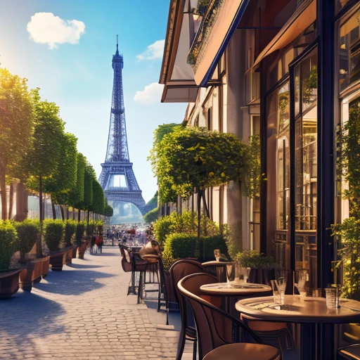 Paris cafe, Ultra-realistic, street, drinks on table, Chair, Potted plants、You can see the Eiffel Tower in the distance。High quality images、8k、