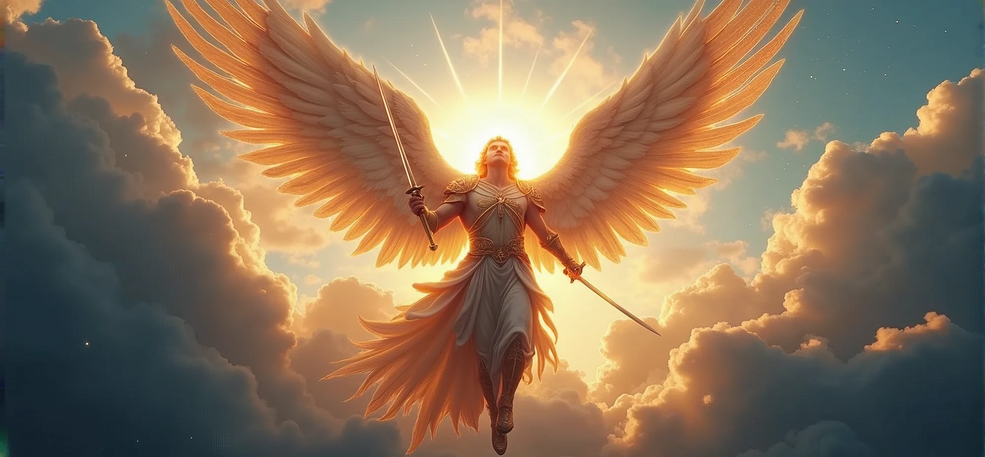 representation of St. Michael, the Archangel, centered in the middle with clouds behind, sword in hand, defensive position, glowing light eyes, mighty, very bright colors, light particles, with bright light, Wallpaper Art, UHD Wallpaper