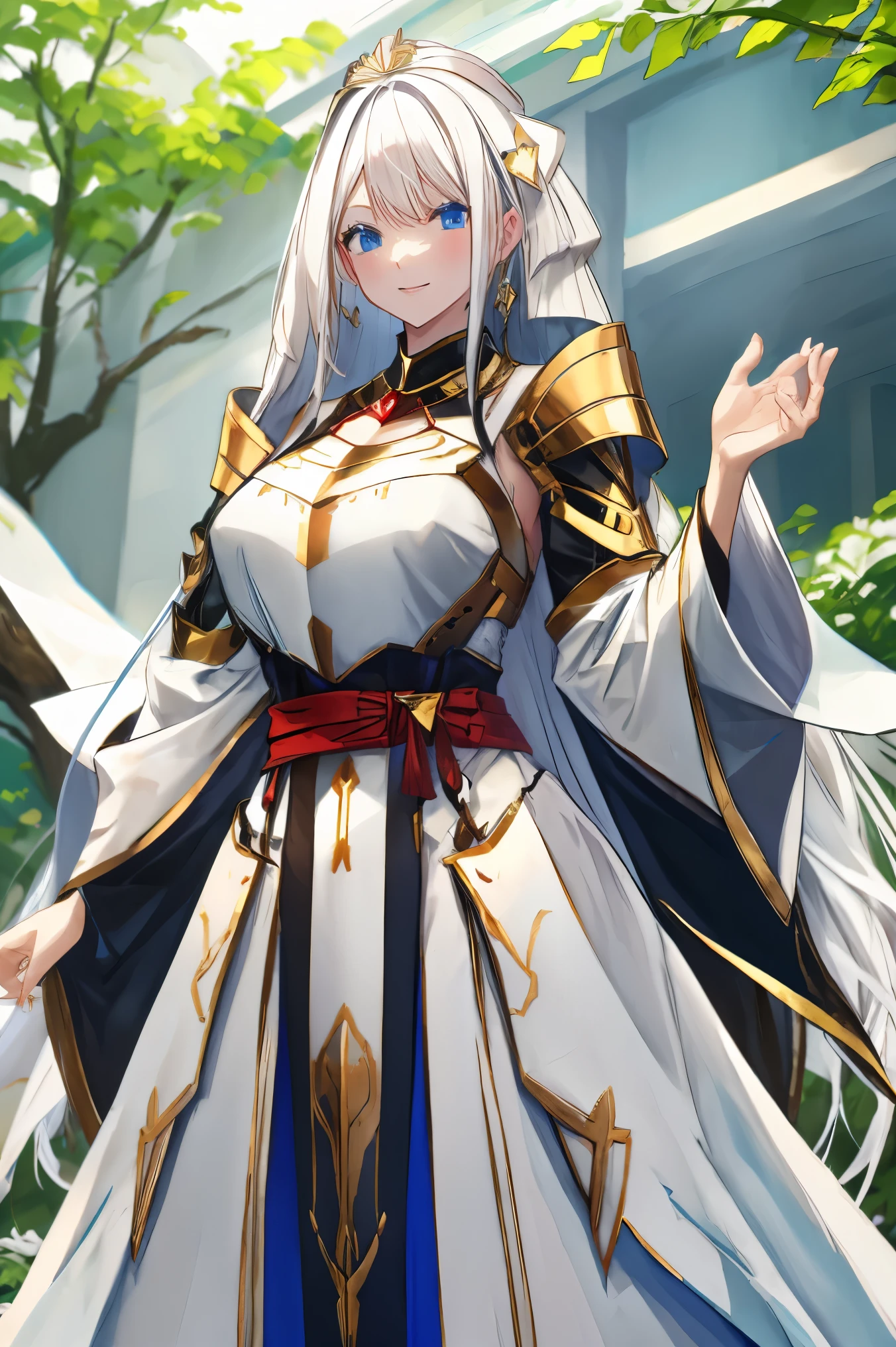 female, busty, hair ornament, crown, smile, look at camera, ((white hair)), blue eyes, armor, ((long hair))