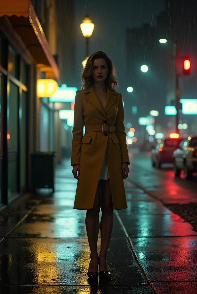 Portrait of a professional woman in the 1970s, Rainy Night，New York Office Building，full-body shot，High heel，Street light，Extremely detailed face, Low light, Perfect lighting, Nostalgia, ISO100, cinestill 800T, polarizing filter, Bright and bold colors, High-quality photos, Still frame from a movie