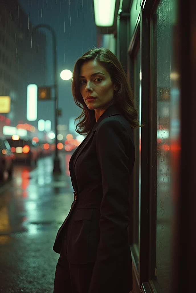 Portrait of a professional woman in the 1970s, Rainy Night,New York Office Building,full-body shot,High heel,Street light,Extremely detailed face, Low light, Perfect lighting, Nostalgia, ISO100, cinestill 800T, polarizing filter, Bright and bold colors, High-quality photos, Still frame from a movie