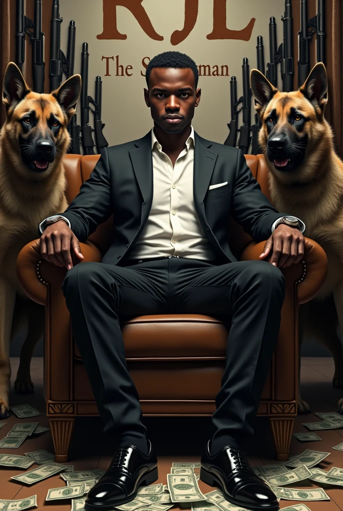 Serious beautiful young brownish black male wearing black suites, wearing white button shirt,black slatter shoes,and black cowboy cap sitting on a couch inside a building surrounded by all kinds of weapons and 2 angry k9 dogs.
ALSO, show this name (RJL The Statesman ) on the background in huge font up above the man's head with money flowing on the floor