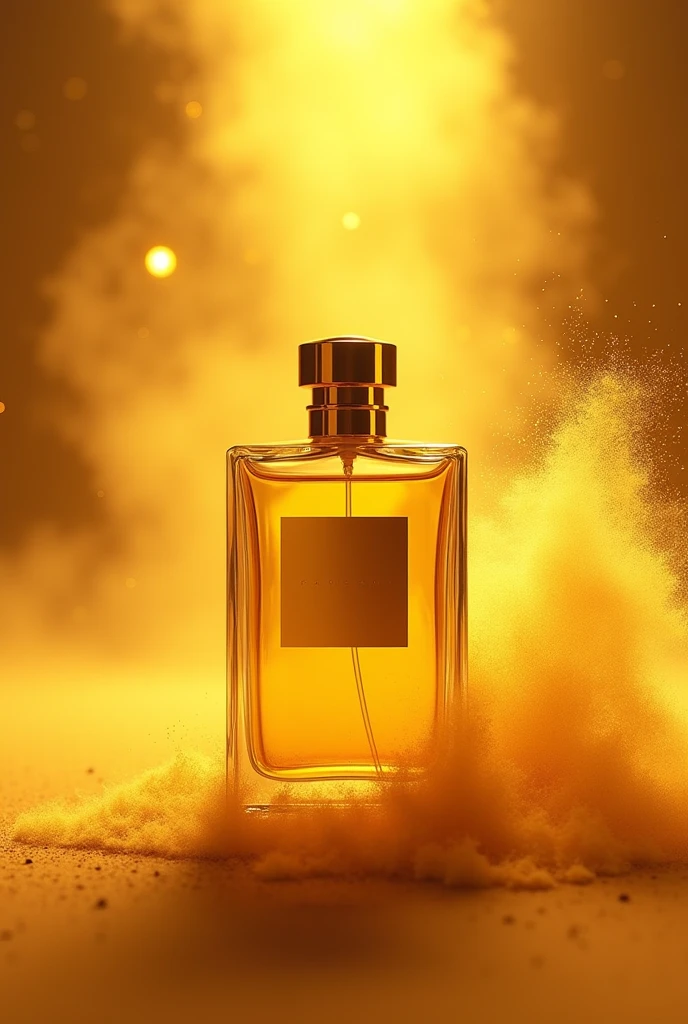 Commercial photography, powerful explosion of golden dust,luxury parfum bottle,yellow sunray, studio light, high resolution photography, insanely detailed, fine details, isolated plain, stock photo, professional color grading, 8k octane rendering, golden blury background --ar 9:16 --v 6.0