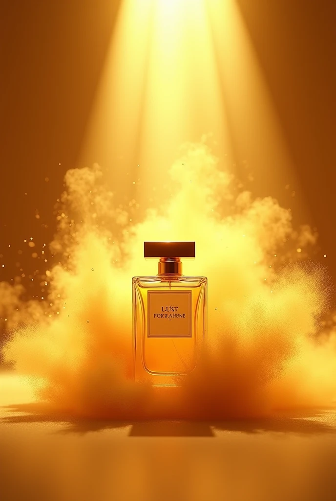 Commercial photography, powerful explosion of golden dust,luxury parfum bottle,yellow sunray, studio light, high resolution photography, insanely detailed, fine details, isolated plain, stock photo, professional color grading, 8k octane rendering, golden blury background --ar 9:16 --v 6.0