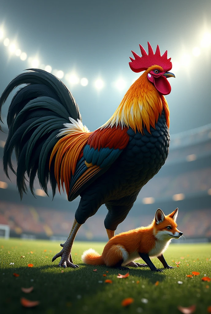 A very large, strong, muscular ROOSTER with black and gold white feathers beating an injured and crying fox inside a football stadium with the symbol of Clube Atlético Mineiro Somos o Maior de Minas