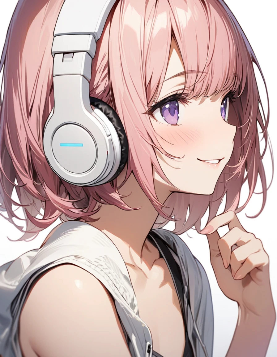 (one women, short pink hair and bob hair.、beautiful purple eyes、smile、gentle smile on her face、flat chest, one Beautiful girl,((masterpiece, illustration, best quality) ((ultra-detailed))/) solid white background,blank background, while wearing wireless white headphones, face only,