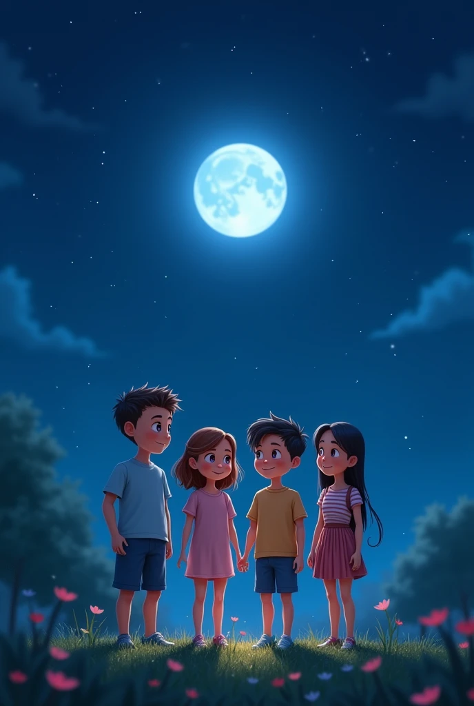 2 boy with 2 girl night standing  and moonlight   fraind forever 