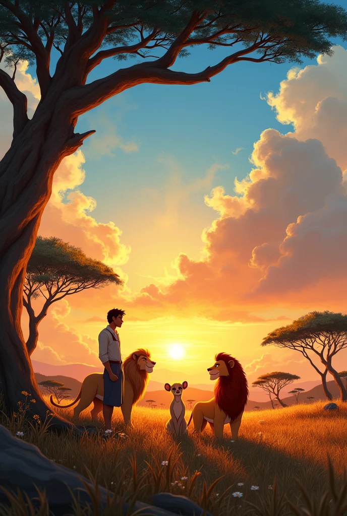 theme: "The Lion King"

objective:
Creating an artwork for the EAC retreat visiting uncle team, set in the savannah and in the visual style of the Disney film.

Elements to Include:

mufasa:

Description: Wise and protective father figure.
Function in Art: Represent the firm and loving guidance that visiting aunts and uncles provide to young people, symbolizing moral and spiritual strength.
a friend:

Description: Wise baboon with a broad view of life.
Function in Art: Represent the visiting uncle who helps to understand the deeper meaning of the spiritual journey, offering valuable advice and insights.
Sarabi:

Description: Lioness queen offering care, wisdom and strength.
Function in Art: Symbolize the emotional support and encouragement of a visiting aunt.
Timon and Pumbaa:

Description: Loyal and protective friends who bring joy and lightness.
Function in Art: Represent the uncles who provide joy and unconditional support during the retreat.
enviroment:

Scenario: The African savannah, with a background that refers to the visual style of the Disney film, conveying a sense of adventure and spirituality.
Suggested Text for Art:
"Que a sabedoria de mufasa, o insight de a friend, o cuidado de Sarabi e a alegria de Timon and Pumbaa inspirem sua jornada no retiro EAC. standing together, we offer guidance, support and joy for the spiritual growth of young people."

Include images or illustrations of the characters mentioned in the savannah setting to make the art visually appealing and thematic.


