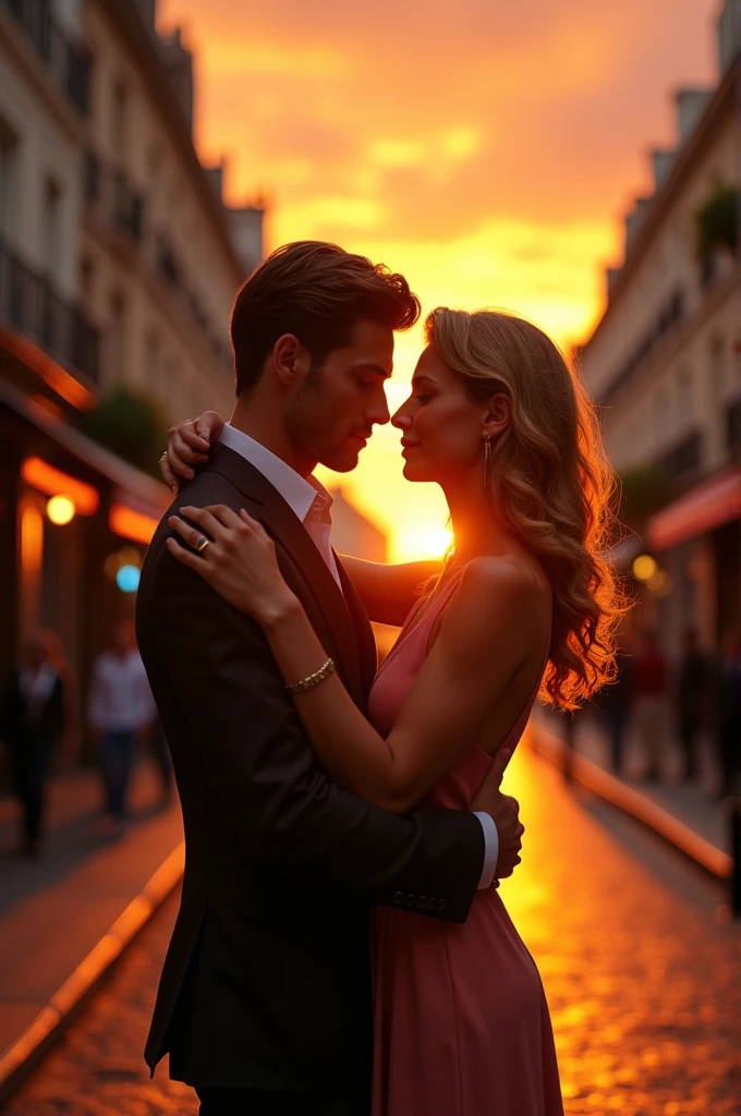A successful American woman kisses a guy on a Paris street in a yellow orange and pink sunset, the guy is handsome