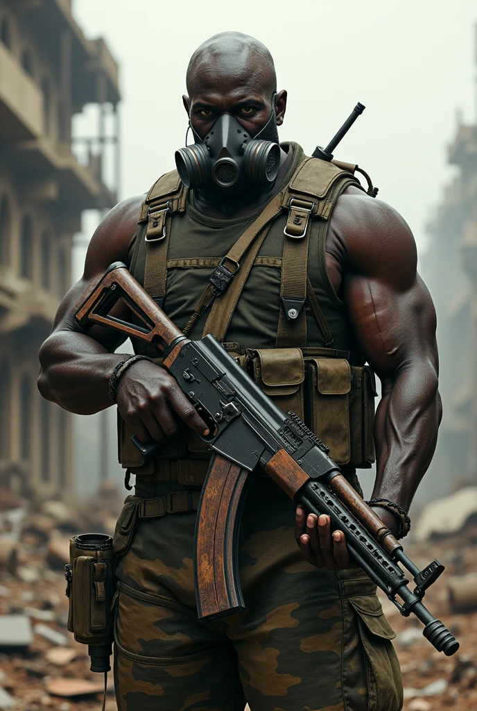 create a fat bald african soldier with gas mask and ak47 based on resident evil 