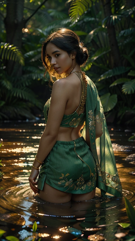 A captivating cinematic portrait photograph by National Geographic, featuring a stunning gold dragonfly brooch adornedwith diamonds. The delicate piece of jewelry rests upon a single blade of grass emerging from the water's surface. The background is softly blurred, allowing the viewer to focus on the exquisite detail of the brooch and the lush, green surroundings. The vibrant colors and 3D render create a captivating, illustrative image that tells a story of nature's beauty and craftsmanship., 3d render, illustration, vibrant, portrait photography, cinematic, photo