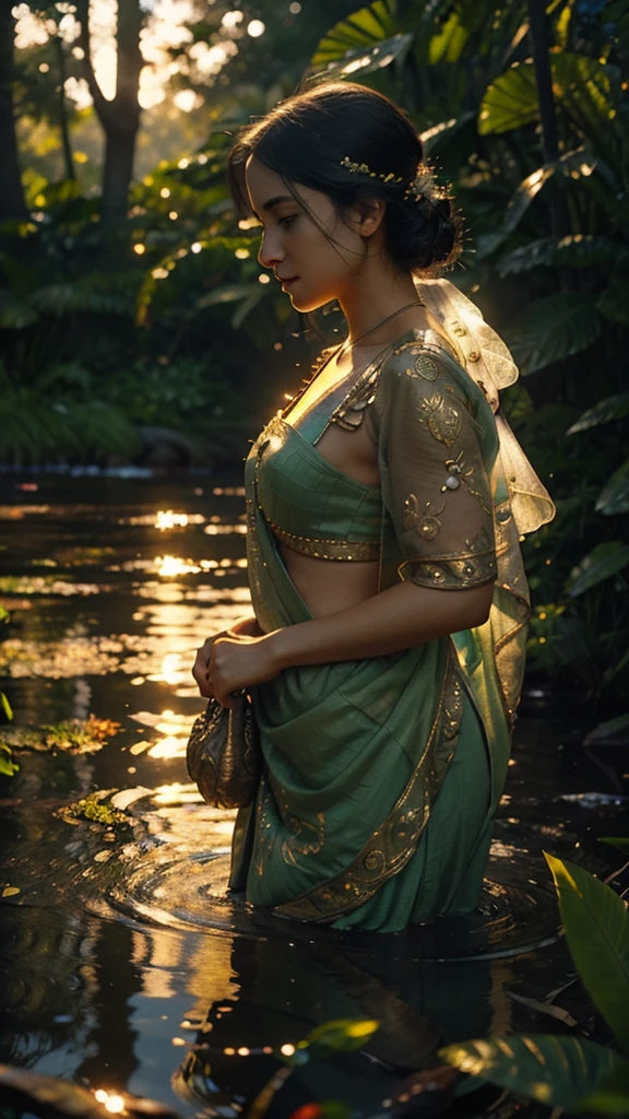 A captivating cinematic portrait photograph by National Geographic, featuring a stunning gold dragonfly brooch adornedwith diamonds. The delicate piece of jewelry rests upon a single blade of grass emerging from the water's surface. The background is softly blurred, allowing the viewer to focus on the exquisite detail of the brooch and the lush, green surroundings. The vibrant colors and 3D render create a captivating, illustrative image that tells a story of nature's beauty and craftsmanship., 3d render, illustration, vibrant, portrait photography, cinematic, photo