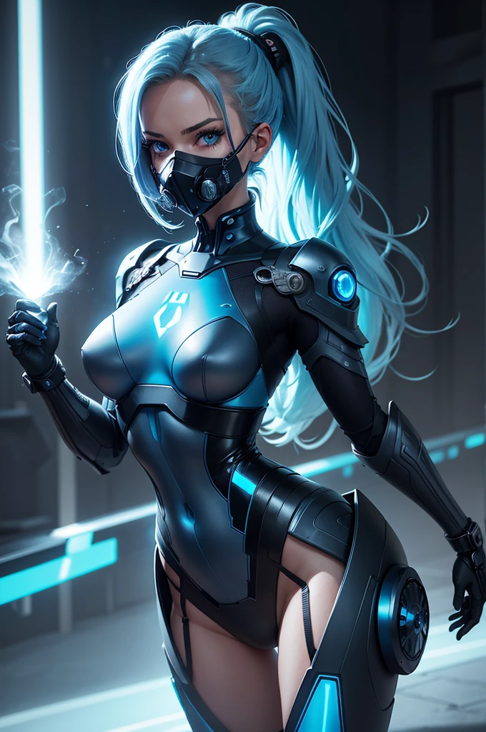 Woman body defined thick thighs cybernetic body parts, short underwear, cyborg warrior girl flat horizon photo, Girl android ,dynamic pose, she moves forward, she has long light blue hair, hair tied up in a ponytail, she has a mask on her face, a respirator, a woman with sexy hips, incredibly beautiful blue eyes and a gas mask on her face, half cyborg, technological modifications. Cool girl, Beautiful face, pretty face, look at the camera, blue metal cybernetic android robot body, Large, wide hips, suit with blue indicator lines with many blue details, blue colour corset, blue glowing lines on clothing details, realistic face with detailed elaboration, long eyelashes and expressive blue eyes, cybernetic armor with a blue glow from under the joints and joints, she has blue eyes , Красивая сексуальная девушка с длинными голубыми волосами, роботом-киборгом, протезом на руке, смотрит на меня в полный рост, киберпанк, короткие шорты, сексуальные бедра, голубые глаза, стиль аниме frame with a flat horizon, Anime Style design, blue Lasers, blue smoke fountain on background Cyberpunk style, high image detail, 4k quality, the camera films Her from below, lower angle of photography, black background image of a night black city and blue neon lights, blue lamps, blue lighting, blue flashes IN THE BACKGROUND are the blue lights