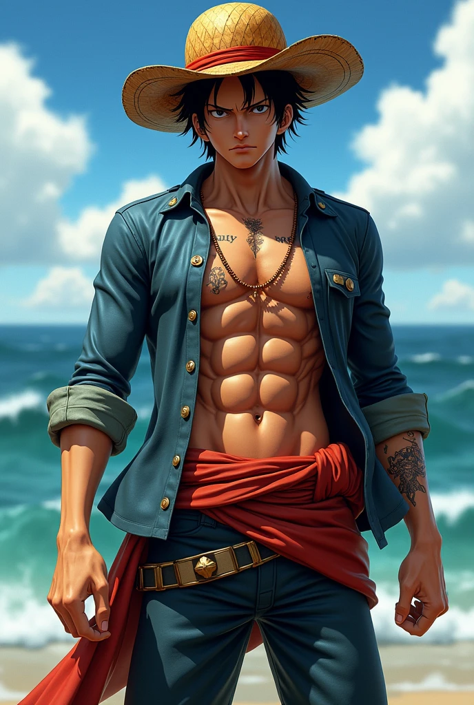 absurdres, highres, ultra detailed, HDR, master piece, best quality, extremely detailed, Trafalgar Law, black hair, expressive gray eyes, One Piece, solo, sexy man sitting, handsome, sensual, manly man, bare chest, horny, island, sea, beach