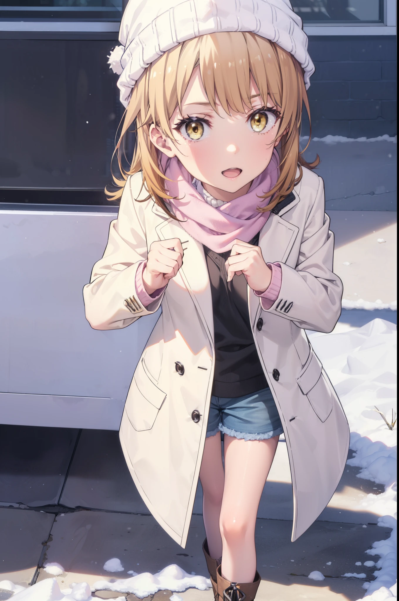 Irohaisshiki, isshiki iroha, Long Hair, Brown Hair, (Brown eyes:1.5), smile,Open your mouth,White Breath,low twin tail,Knitted hat,White scarf,Yellow long coat　Open front,Pink v-neck sweater,Short denim,Black pantyhose,short boots,Walking,snowが降っている,snowが積もっている,moon,night,snow,snow,snow,snow,whole bodyがイラストに入るように,　　　　　　　　　break outdoors, Building district,
break looking at viewer,whole body,
break (masterpiece:1.2), Highest quality, High resolution, unity 8k wallpaper, (figure:0.8), (Beautiful attention to detail:1.6), Highly detailed face, Perfect lighting, Highly detailed CG, (Perfect hands, Perfect Anatomy),