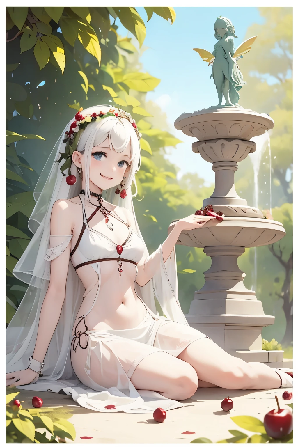 an white chocolate like fountain ant hill with some cherries circling around, and on front, a fairy statue in each side