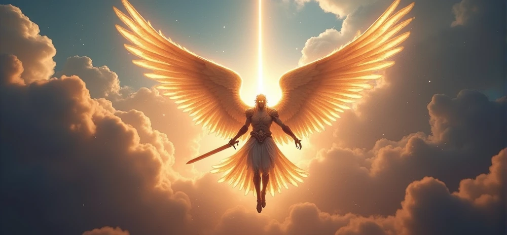 representation of St. Michael, the Archangel, distant and centered in the middle with clouds behind, sword in hand, defensive position, glowing light eyes, mighty, very bright colors, light particles, with bright light, Wallpaper Art, UHD Wallpaper