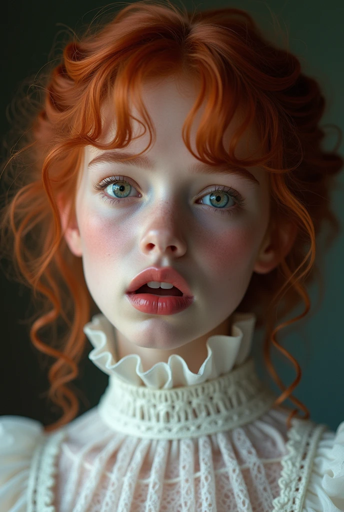 a beautiful detailed portrait of sadie sink, stunning girl with intense playful gaze, wide open ahegao mouth, victorian lace high collar white blouse, rose blushed cheeks, glossy lipstick, masterpiece, photorealistic, hyper detailed, intricate, cinematic lighting, dramatic color palette, elegant, refined, delicate, magical realism, white opaque stockings, (best quality,4k,8k,highres,masterpiece:1.2),ultra-detailed,(realistic,photorealistic,photo-realistic:1.37),extremely detailed eyes and face, longeyelashes, studio lighting, physically-based rendering, vivid colors, intricate details cleavage