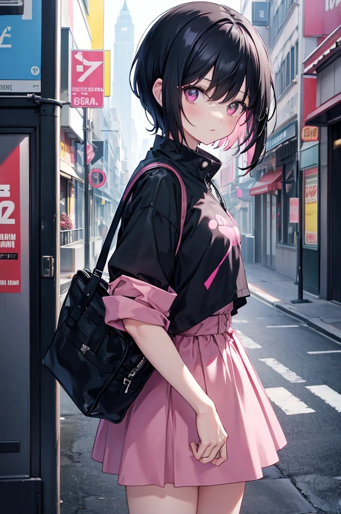 black hair, pink clothes, girl, solo, adult, gothic, street, (((short hair)))
