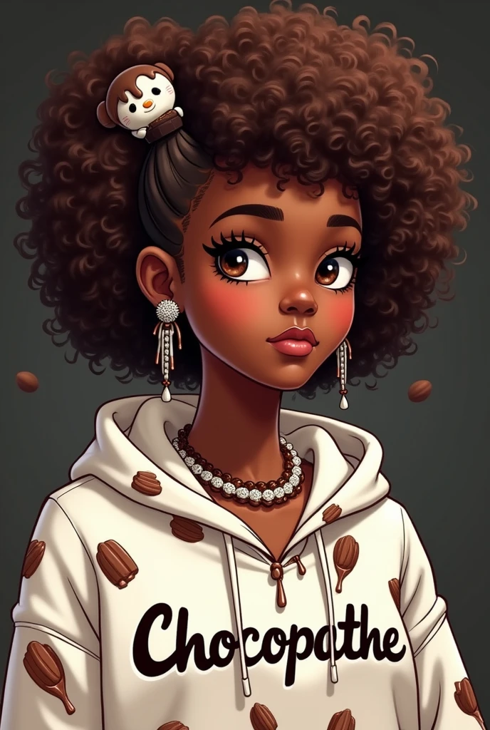 illustration of a cool profile picture avatar with a blank expression, with chocolate dripping out of her curly Afro hair, brown skin, white hoodie with chocolate prints and saying "Chocopathe" and cute chocolate themed hair accessories, earrings, necklace  , and a dark badass background 