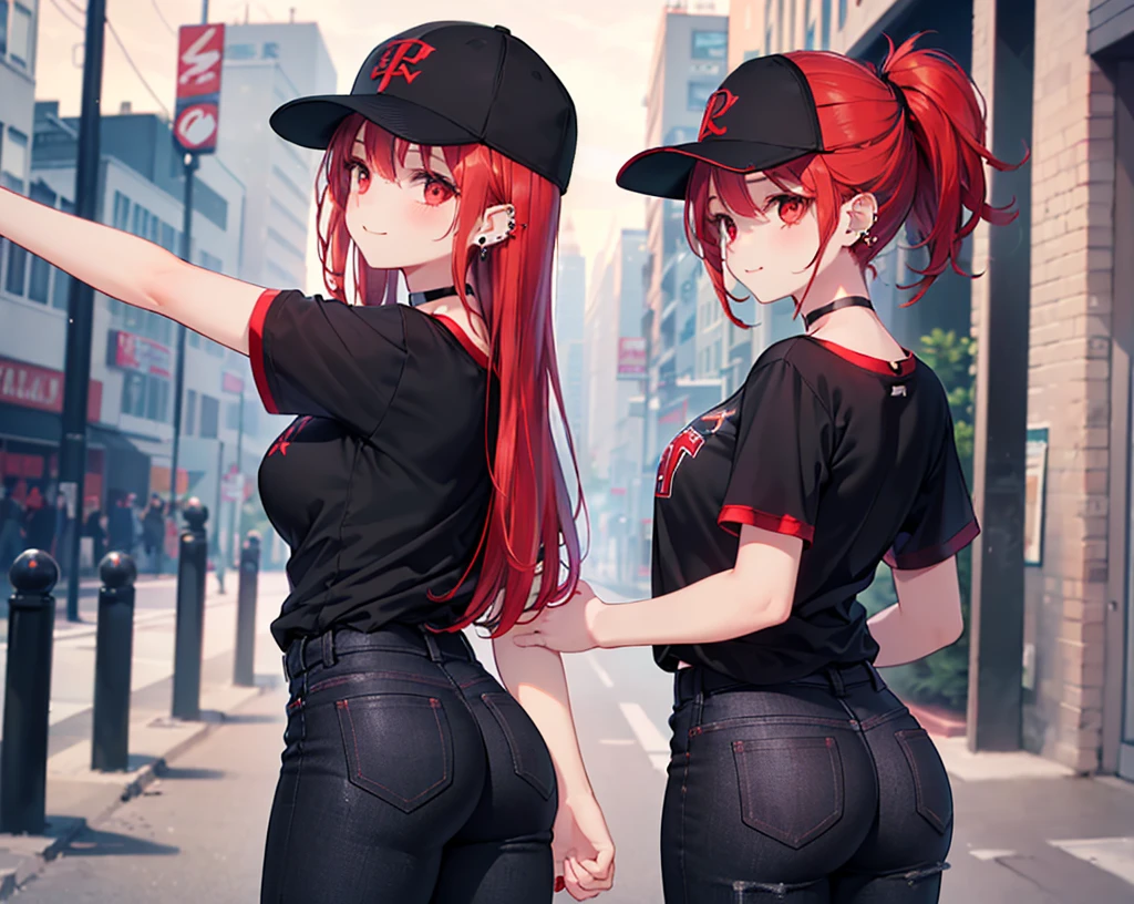 (Close-up:1.3),Realistic,Highest quality, Ultra Detail, High-quality CG rendering, The most delicate and beautiful, Floating softly, High resolution, (1 girl), (Highest quality,4K,8k,masterpiece:1.2),(All red hair:1.5), (semi-long:1.5),(Red eyes:1.5),(Slightly larger breasts:1.2), (Oversized black short sleeve t-shirt:1.5),(Black skinny jeans:1.5),(Black baseball cap:1.5),In the city,old buildings,Narrow back alley,smile,(Piercing in left ear:1.3),(Pitch black choker:1.5),(Turn your back to your audience:1.3),Butt
