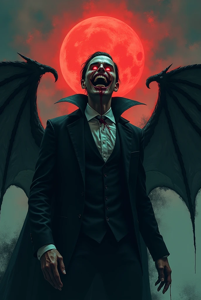 Red eyes, colmillos de dientes de vampire, bold face, blood out of mouth, affected smile,bat wings, scary smile, psychopathic affected smile, Psychopathic Smile, scary, open mouth, angry eyes, vampire, Dark sky background, red + blue + green, glowing red moon