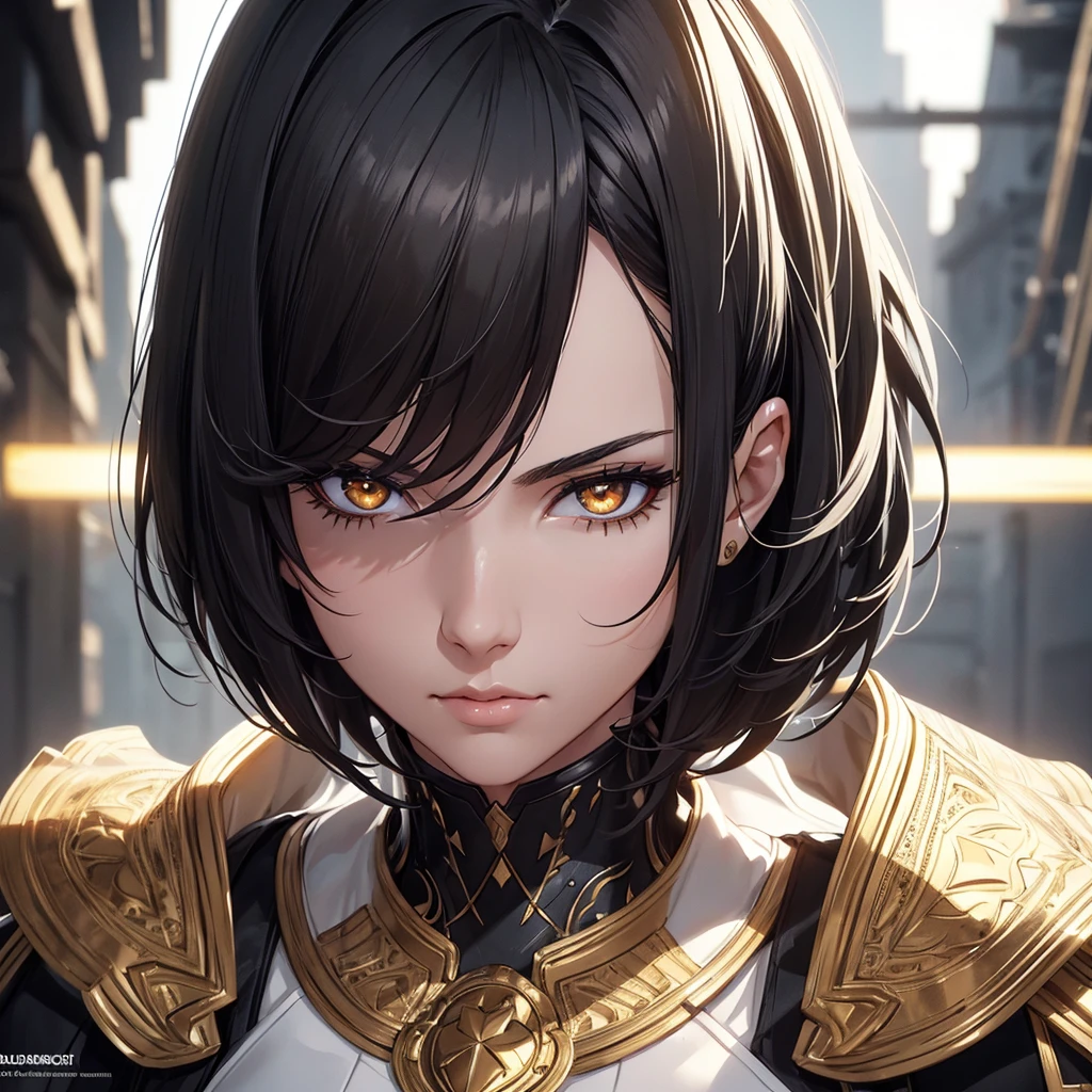 A short-haired female character, black hair with white interior, golden eyes, detailed face, 1girl, black and white hair, golden eyes, detailed facial features, intricate hairstyle, cinematic lighting, digital art, highly detailed, photorealistic, 8k, ultra-detailed, masterpiece, concept art, hyper-realistic, dramatic lighting