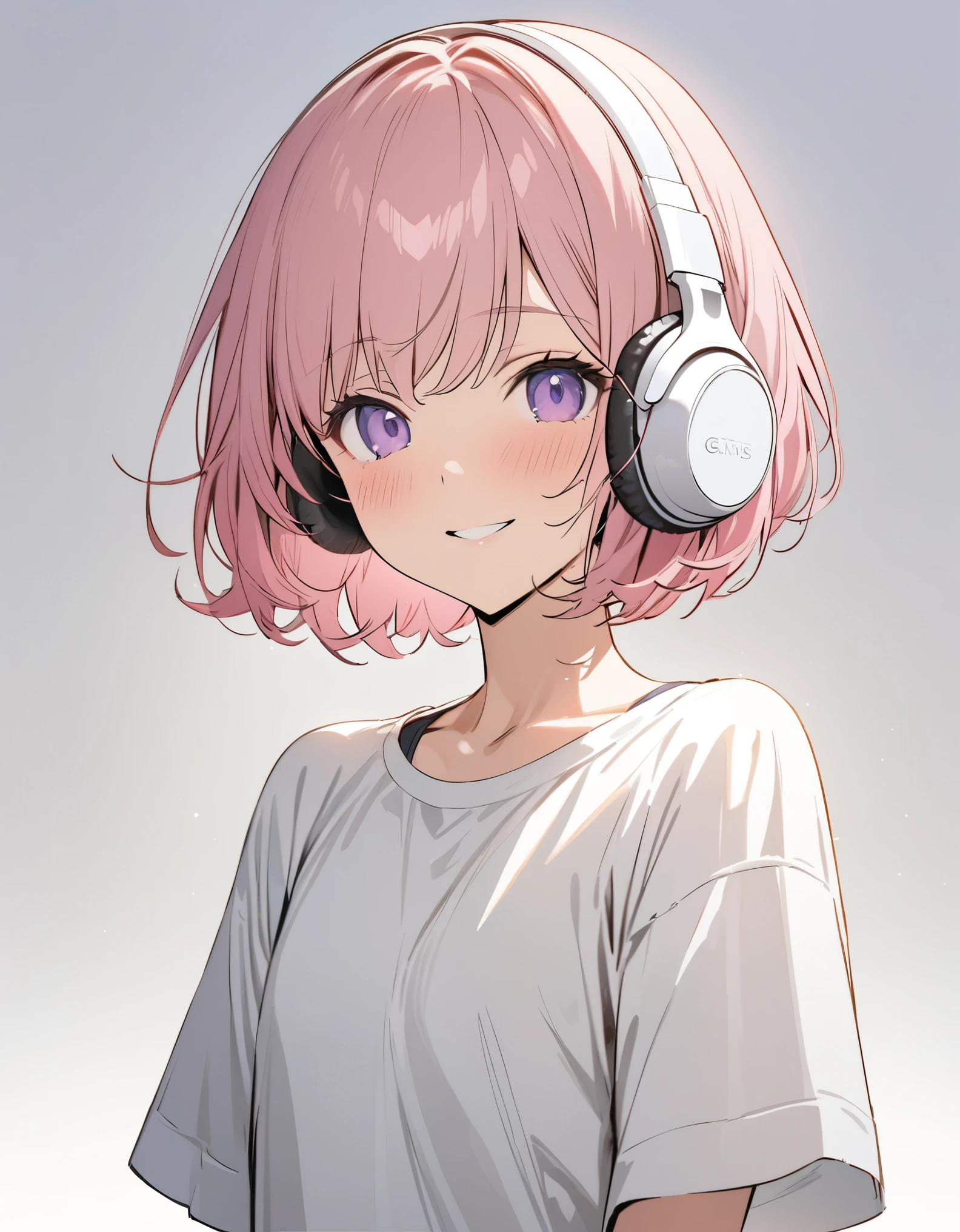 (one women, short pink hair and bob hair.、beautiful purple eyes、smile、gentle smile on her face、flat chest, one Beautiful girl,((masterpiece, illustration, best quality) ((ultra-detailed))/) solid white background,blank background, while wearing wireless white headphones, face only, 