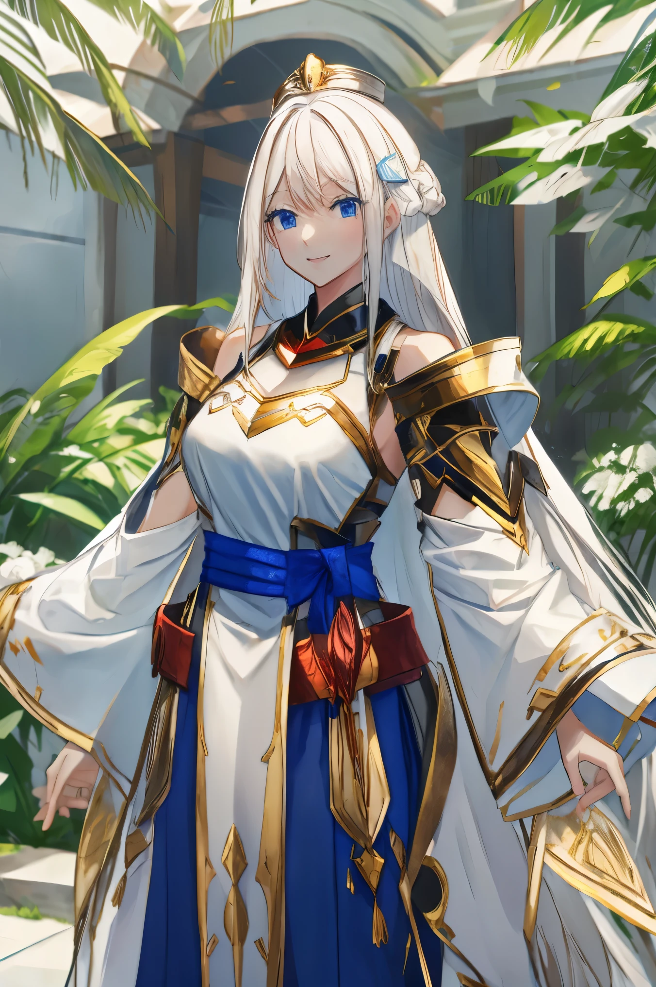 female, busty, hair ornament, crown, smile, look at camera, ((white hair)), blue eyes, armor, ((long hair))