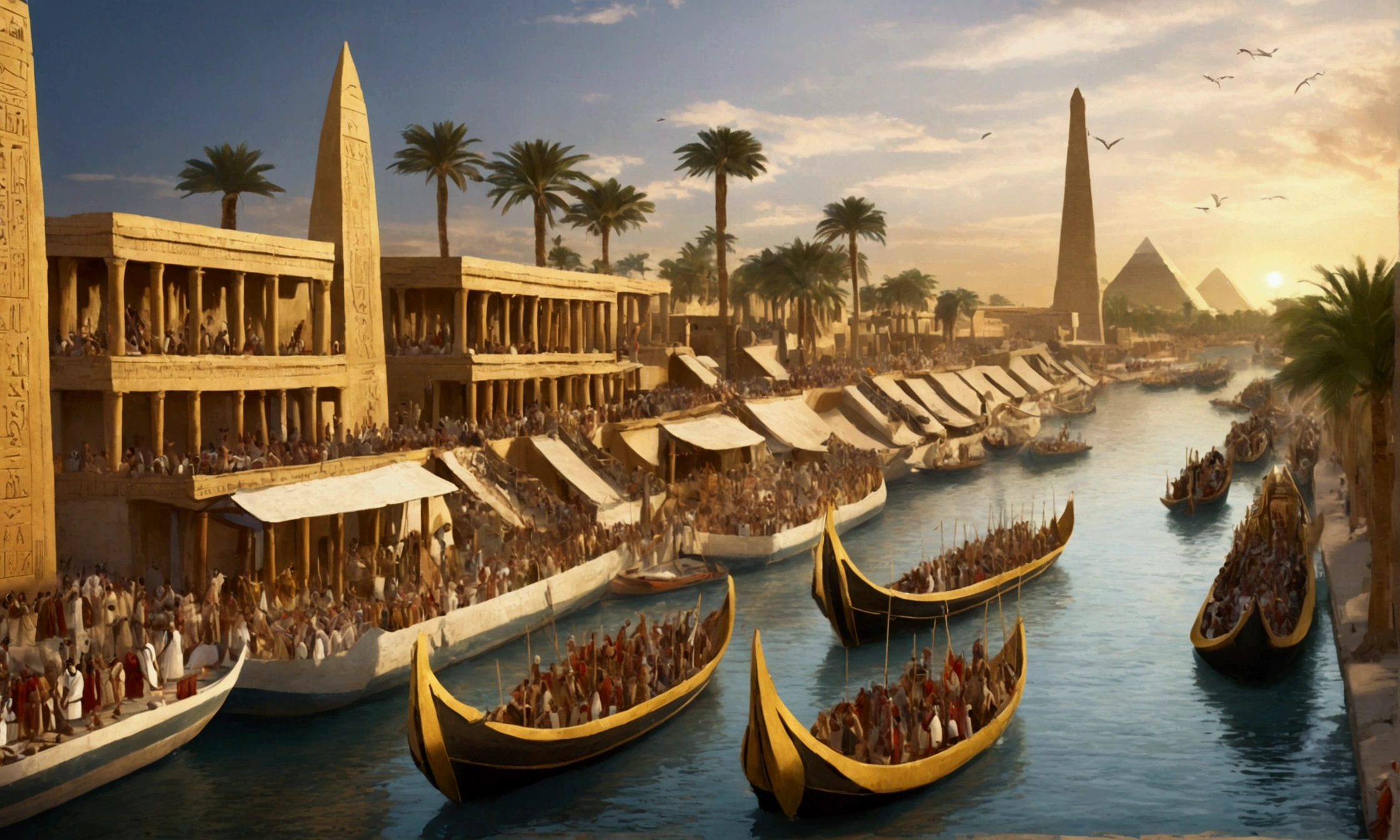 (masterpiece, ancient civilization, cinematic:1.3), depicting the grand procession of the "Opet Festival" in Ancient Egypt. The scene showcases sacred boats adorned with gold and gems, gliding along the Nile River, surrounded by Egyptian crowds dressed in white linen robes. The temples of Karnak and Luxor rise majestically in the background, illuminated by the warm glow of the sun. Characters of diverse backgrounds participate in the festival, adding depth and realism to the bustling scene. The composition exudes a cinematic quality, with attention to detail on the ornate decorations of the sacred boats and the vibrant atmosphere of the ancient celebration, transporting viewers back in time to experience the splendor of Ancient Egypt during the Opet Festival.