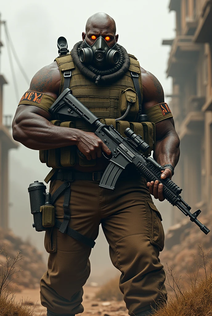 create a fat bald african soldier with gas mask and ak47 based on resident evil
