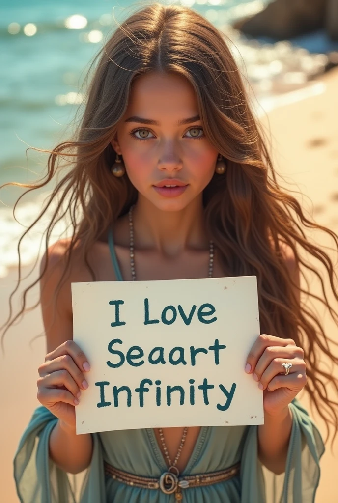 Beautiful girl with wavy long hair, bohemian dress, holding a white board with text "I Love Seaart Infinity" and showing it to the viewer