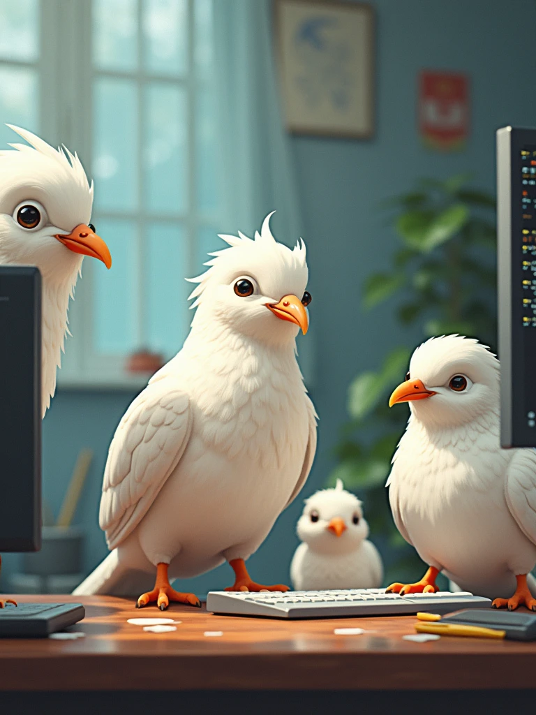 five doves as web developers, one has a big chest and skiny body, one has nice beard, fat body, and friendly face, one has a numb face, one has a fat body no beard and act as the other's leader, and the last is a rich girl